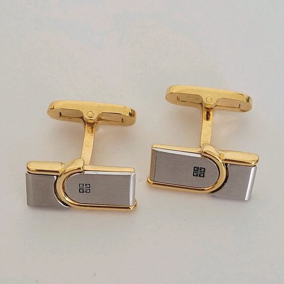 Givenchy Cufflinks Set Gold Silver Tone Rectangle Logo Vintage Designer Geometri - Picture 1 of 7